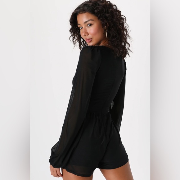 Lulus Playful Perfection Black Mesh Ruched Balloon Sleeve Romper - Picture 2 of 3
